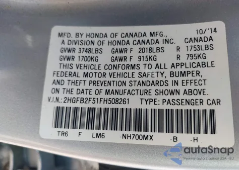 2015 Honda Civic Lx z USA, uszkodzony, nr VIN 2HGFB2F51FH508261